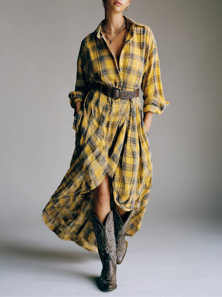 Abito camicia casual largo in plaid retro con cintura