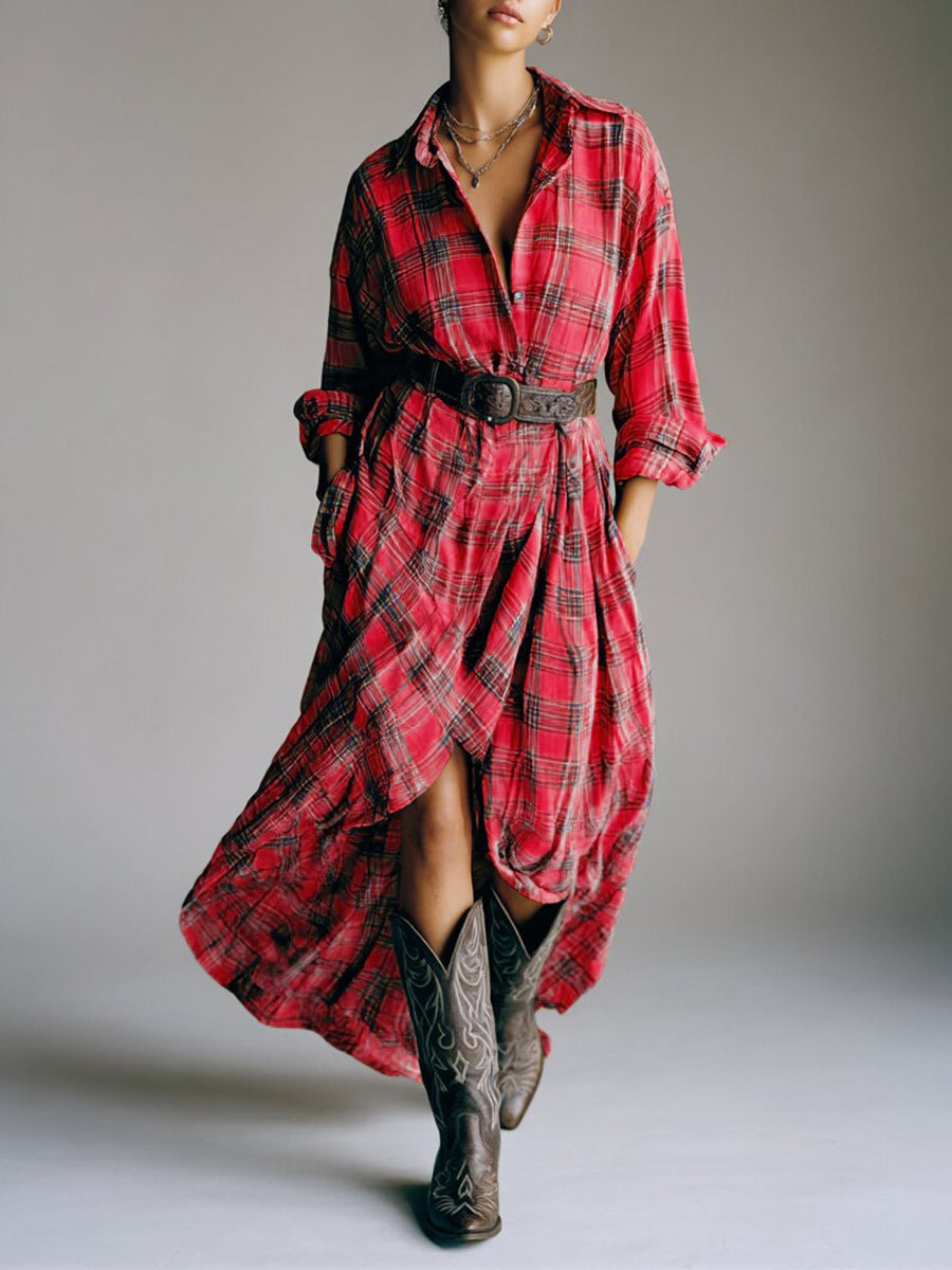 Abito camicia casual largo in plaid retro con cintura