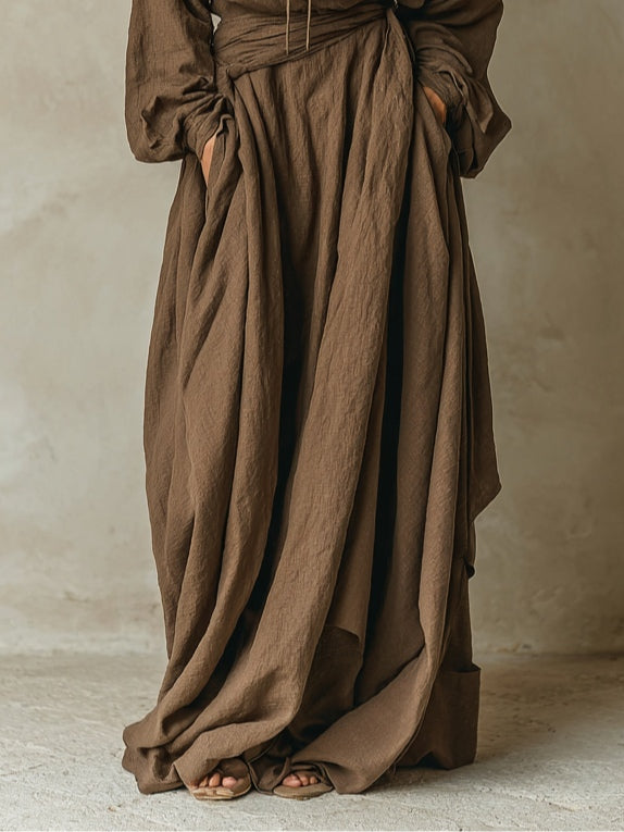 Abito maxi loose con cappuccio in cotone e lino marrone