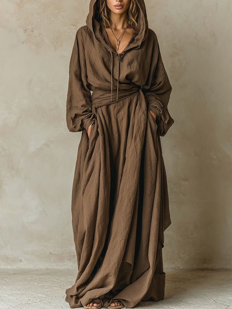 Abito maxi loose con cappuccio in cotone e lino marrone
