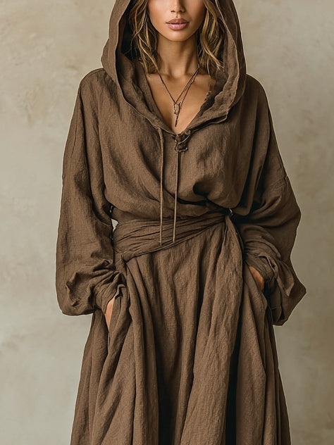 Abito maxi loose con cappuccio in cotone e lino marrone
