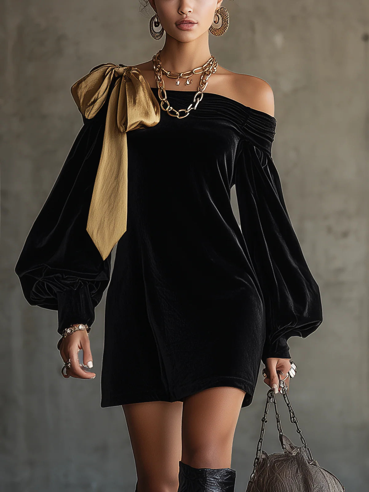 Abito Mini in Panno di Velluto Nero e Raso Dorato Patchwork Off The Shoulder