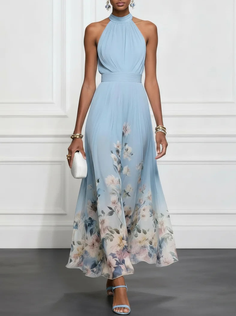 Vestito Maxi Senza Maniche in Chiffon Floreale Azzurro Chiaro