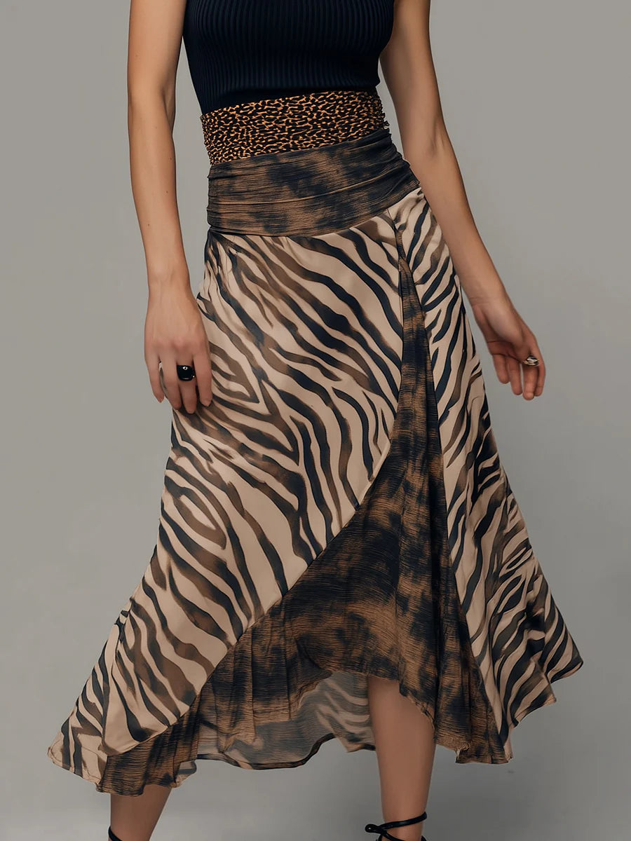 Abito Midi Senza Maniche in Patchwork con Stampa Zebra Vintage