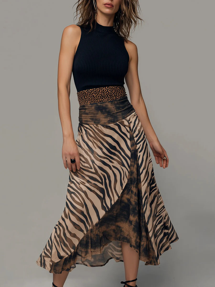 Abito Midi Senza Maniche in Patchwork con Stampa Zebra Vintage