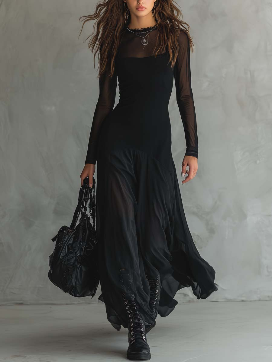 Abito Maxi Svasato in Tulle Nero