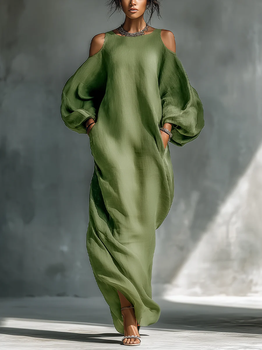 Abito Maxi Verde Off-shoulder con Maniche a Volant Oversize