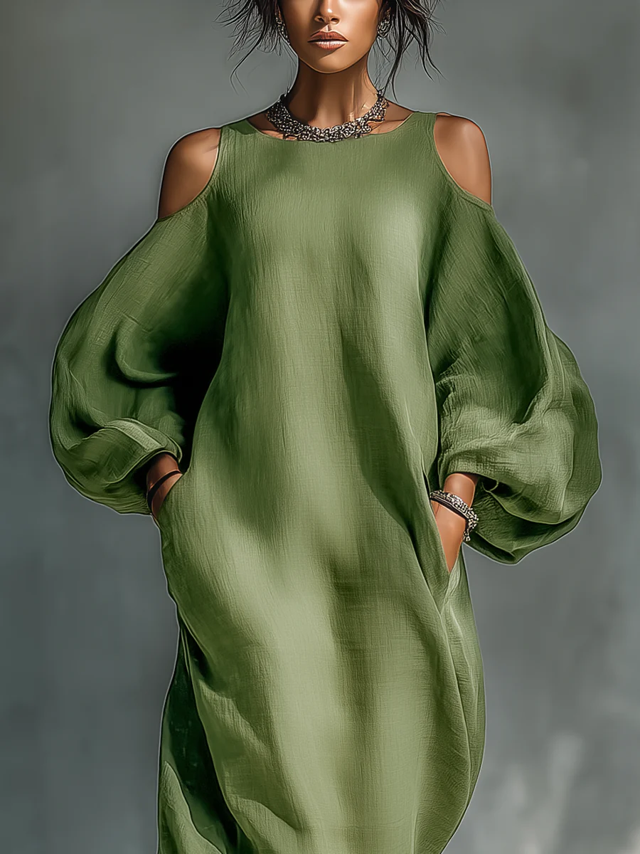Abito Maxi Verde Off-shoulder con Maniche a Volant Oversize