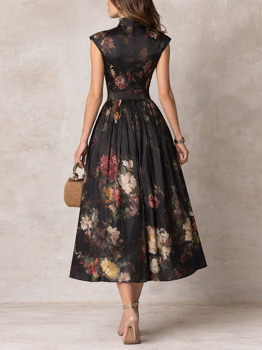 Abito Midi in Satin Pieghettato con Collo a Fessura Nero