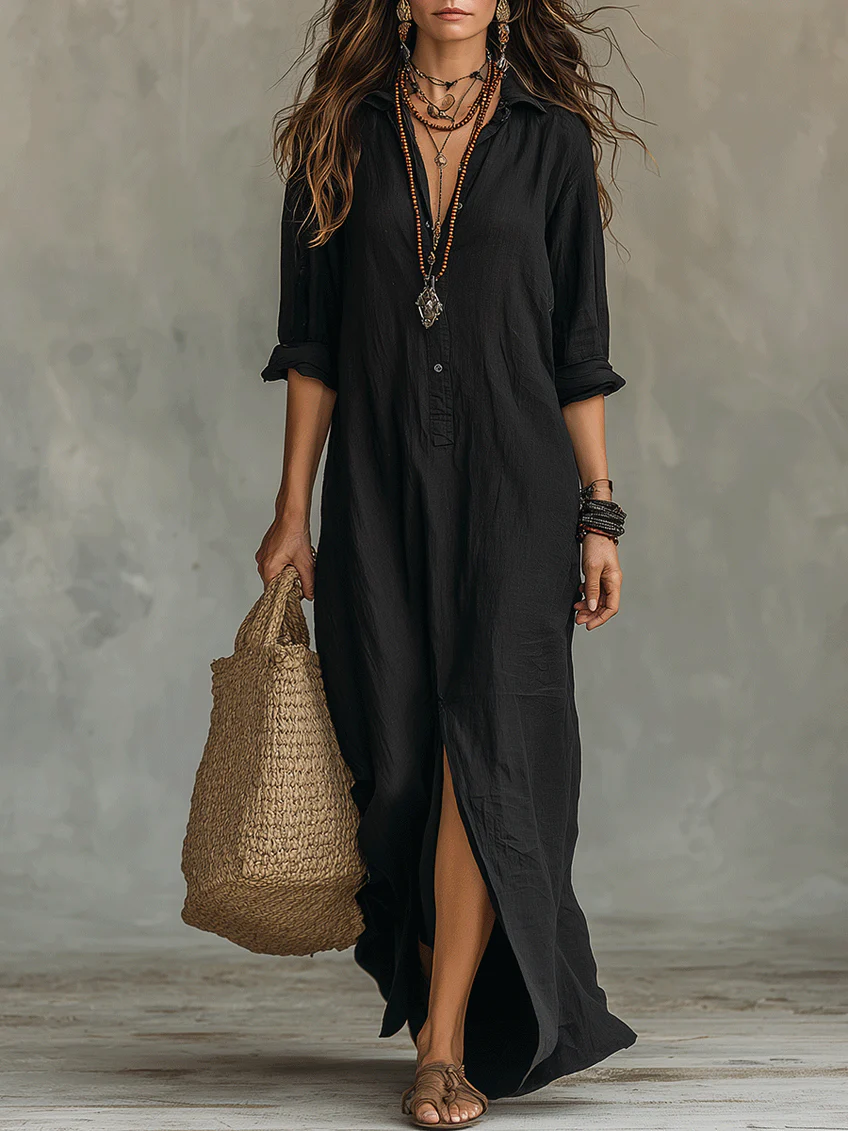 Abito Maxi con Collo a Camicia e Apertura Frontale Nera