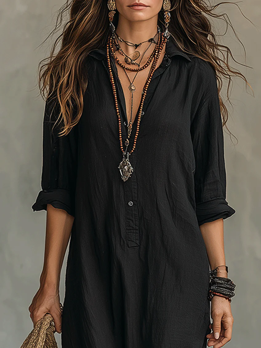 Abito Maxi con Collo a Camicia e Apertura Frontale Nera