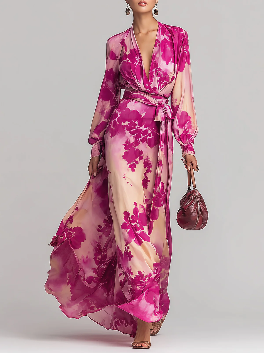 Abito Maxi Rosso Rosa con V-Neck e Cintura