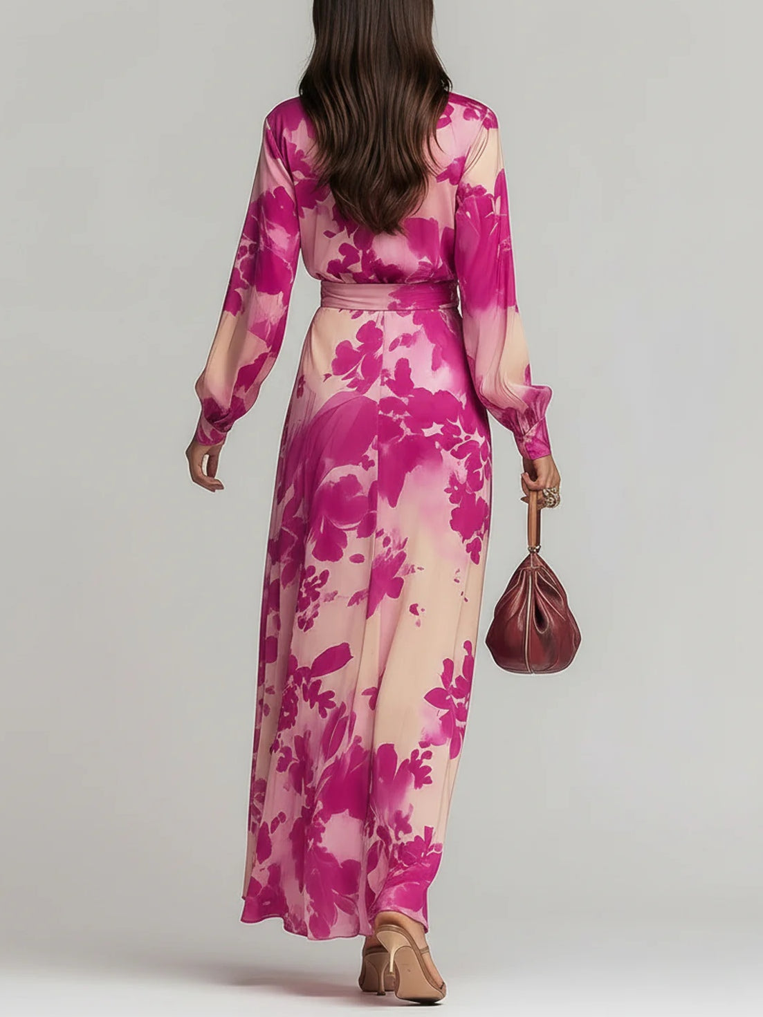 Abito Maxi Rosso Rosa con V-Neck e Cintura