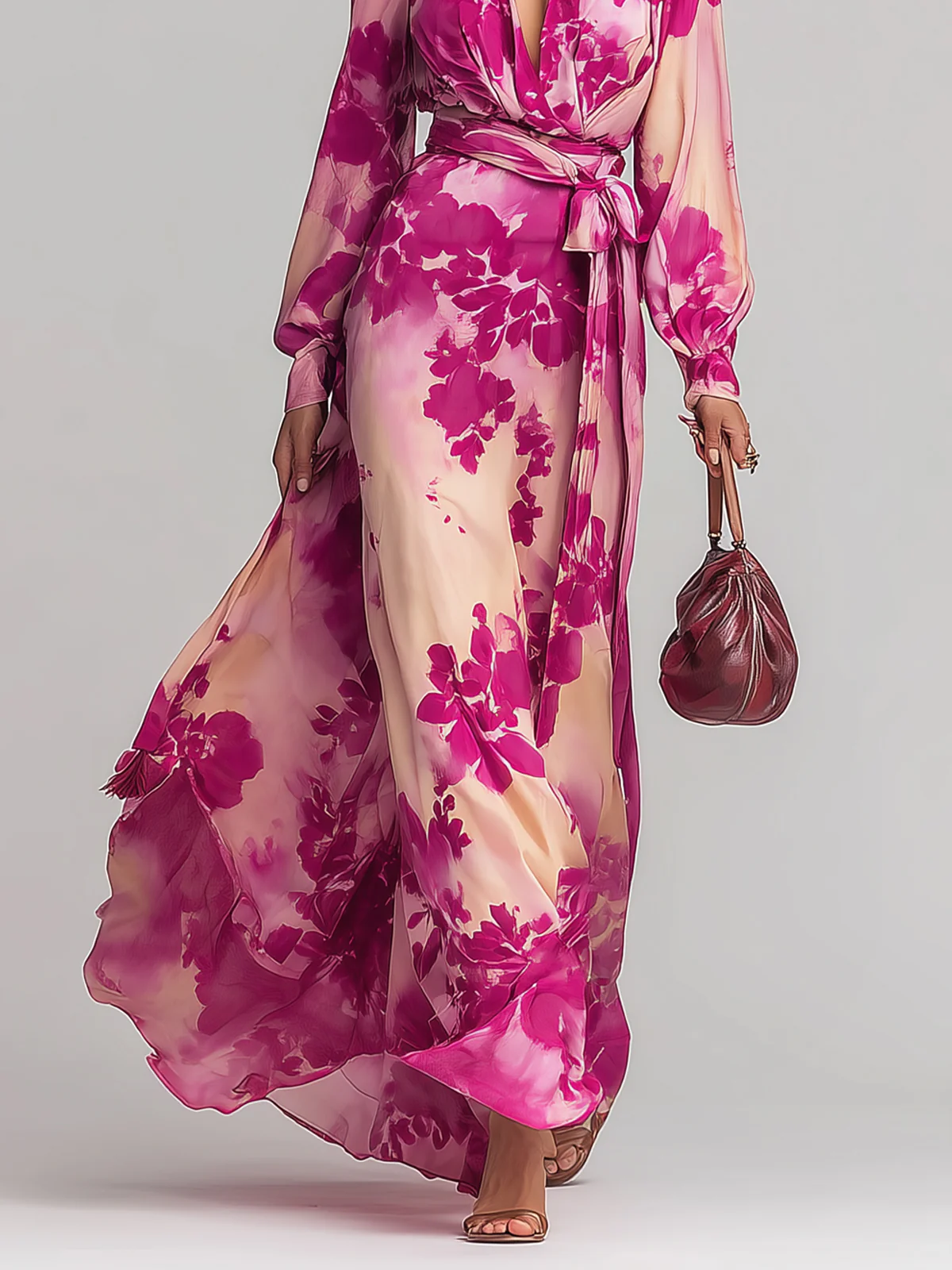 Abito Maxi Rosso Rosa con V-Neck e Cintura