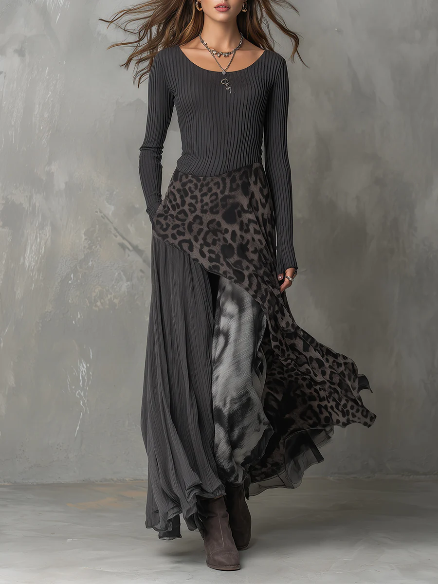 Abito Maxi con Stampa Leopardata e Strisce Grigie con Orlo Irregolare