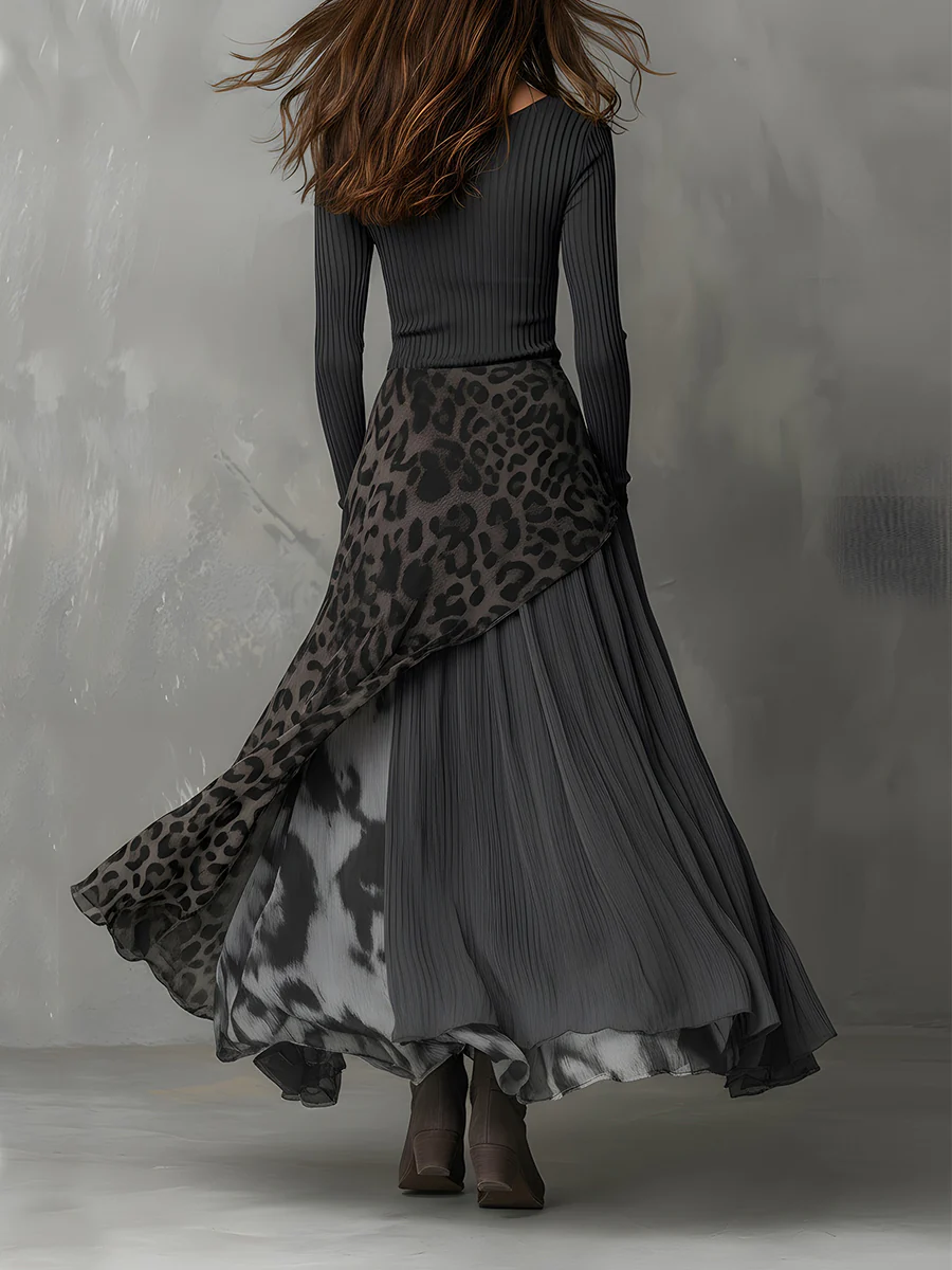 Abito Maxi con Stampa Leopardata e Strisce Grigie con Orlo Irregolare