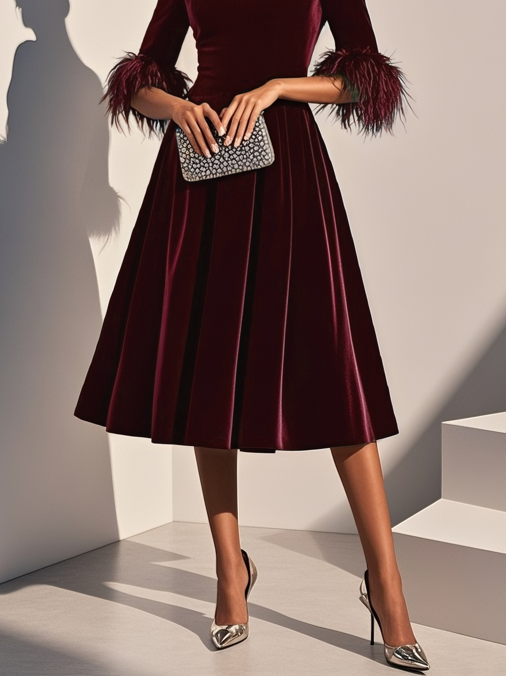 Abito Midi A-line in Velluto Blu Scuro con Piume