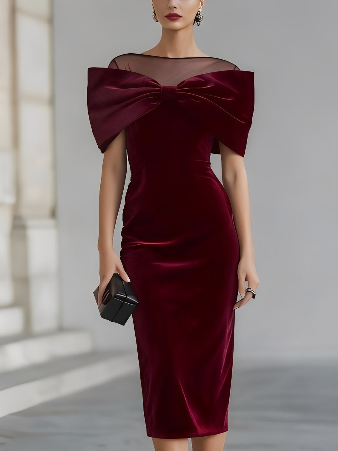 ABITO MIDI IN VELLUTO BURGUNDY DRAMMATICO CON FIocco